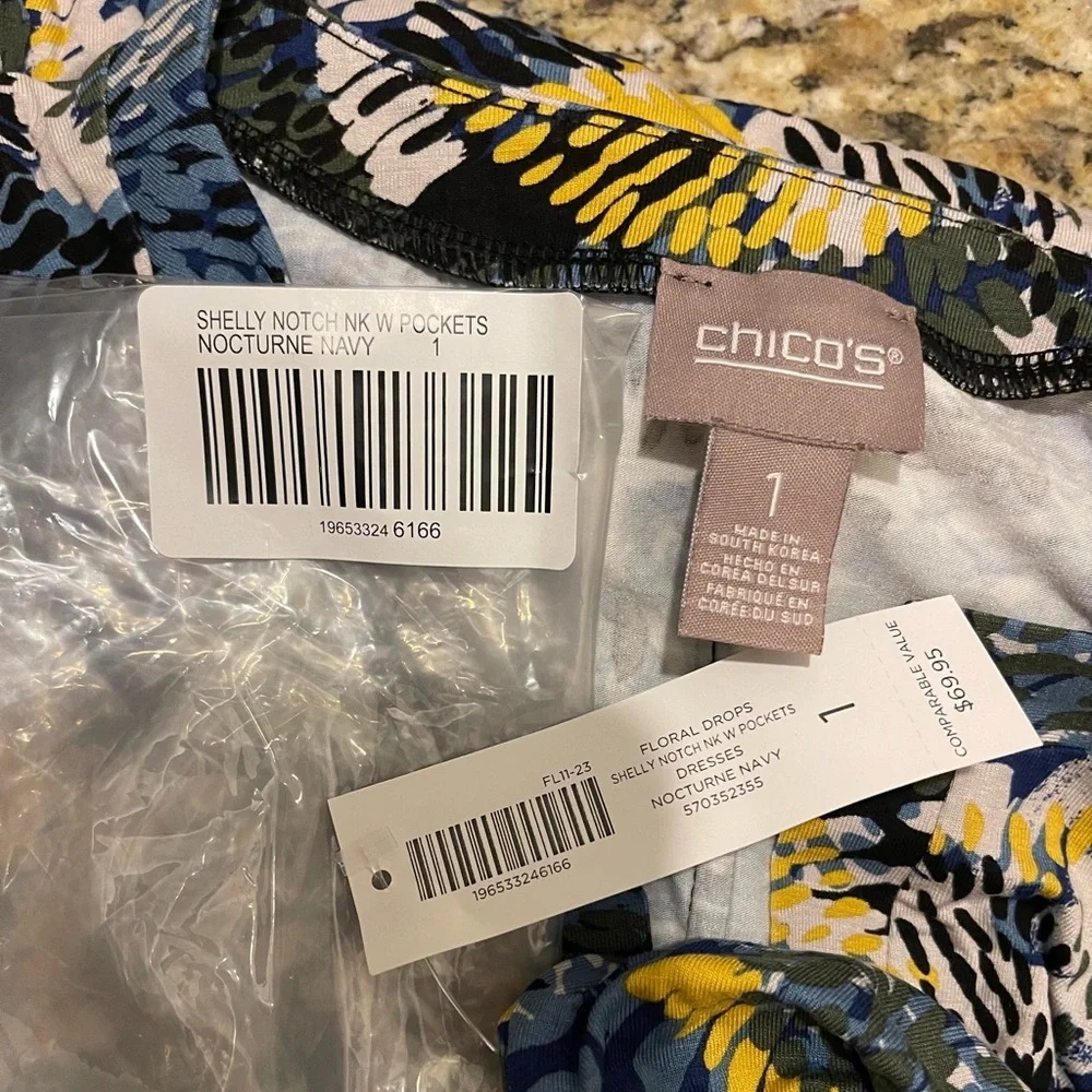 Chico's Blue, Yellow & Green Floral V‑Neck Midi Dress